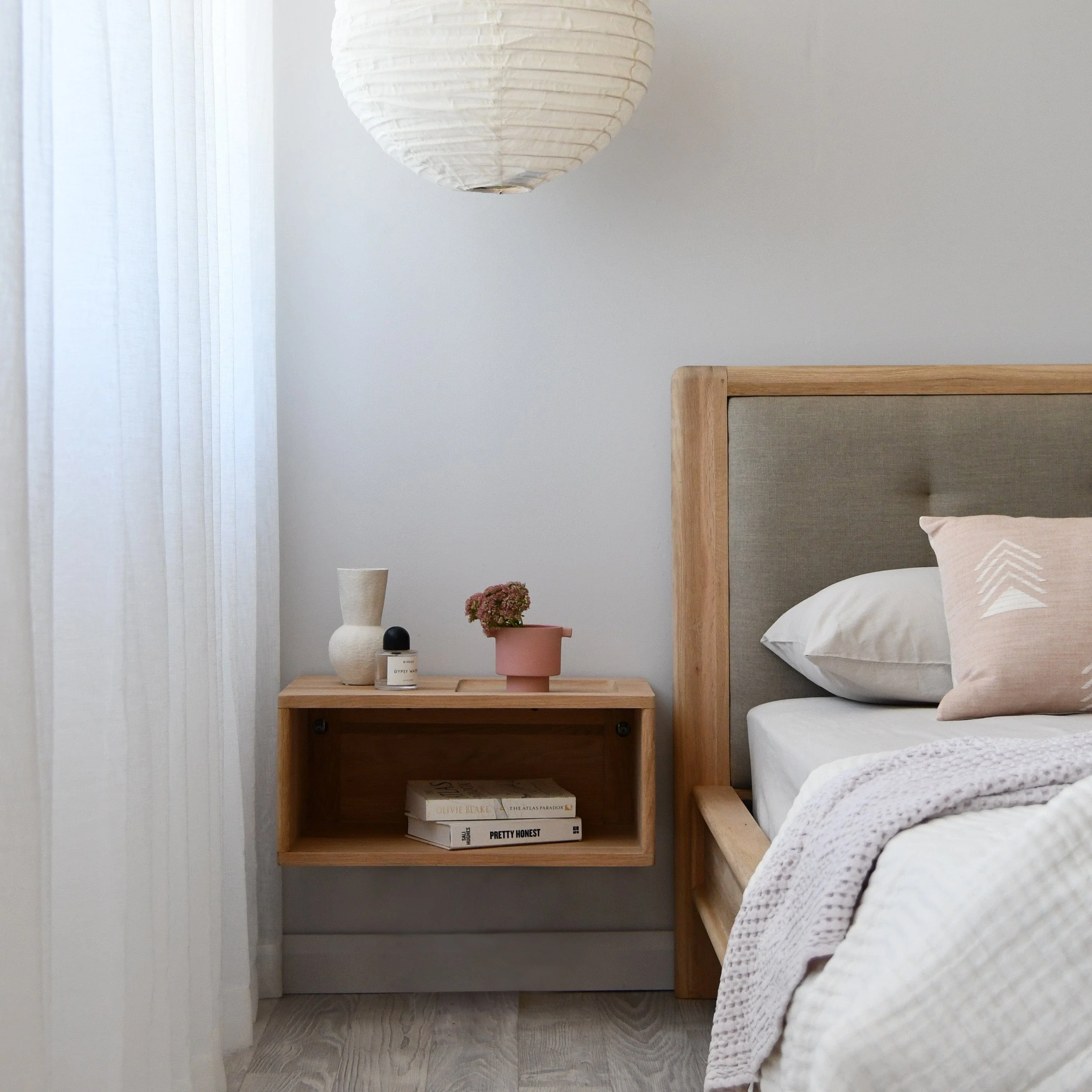 Circa Queen Bed without Storage - European White oak and fabric Headboard - Image 9