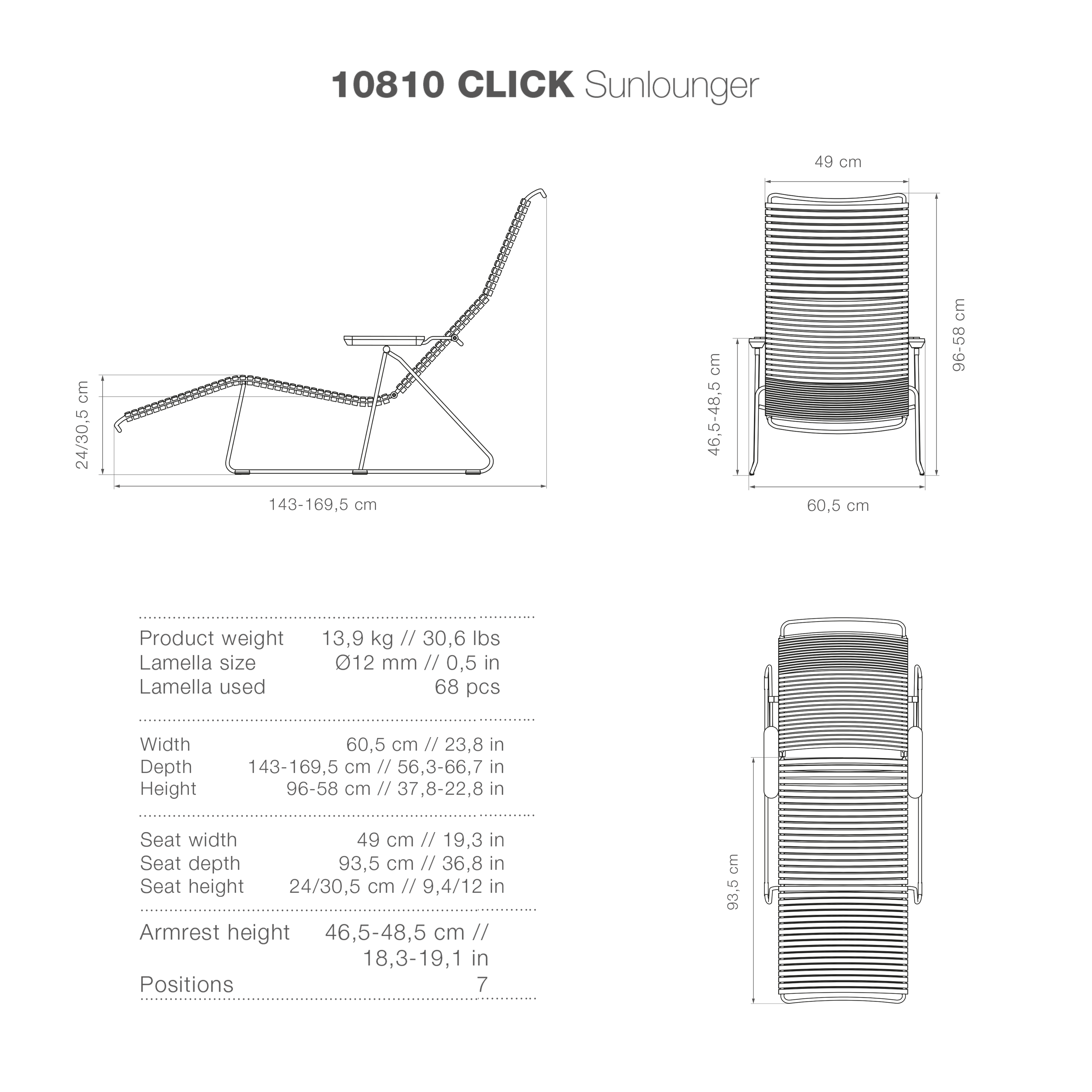 Click Sunlounger with Armrest- Black - Image 4
